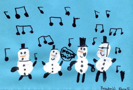 Ein gemaltes Bild mit tanzenden Schneemännern und Noten